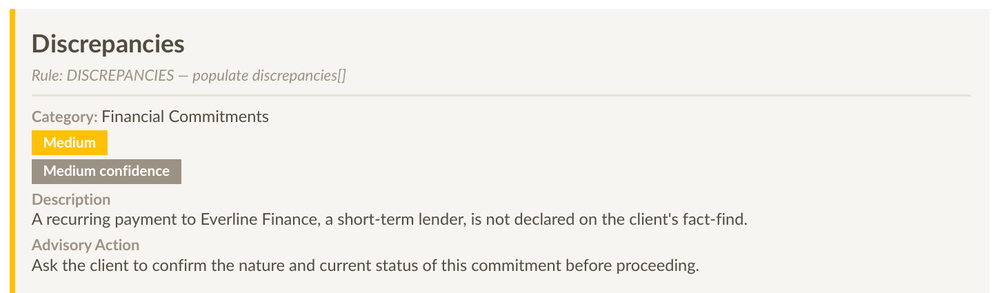 A finding from a real Scrivenza case review: a Medium-severity discrepancy citing the compliance rule it was checked against, with its advisory action