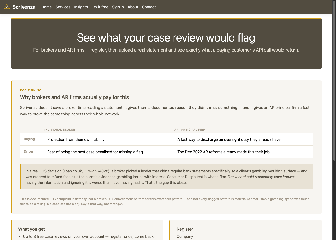 The Trial landing page, showing the positioning panel and registration form for a signed-out visitor.