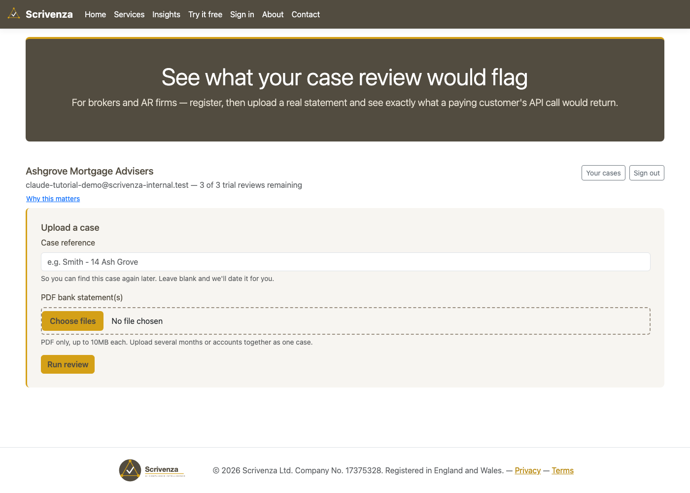 The signed-in Trial page with an empty upload form: case reference field and PDF file picker.