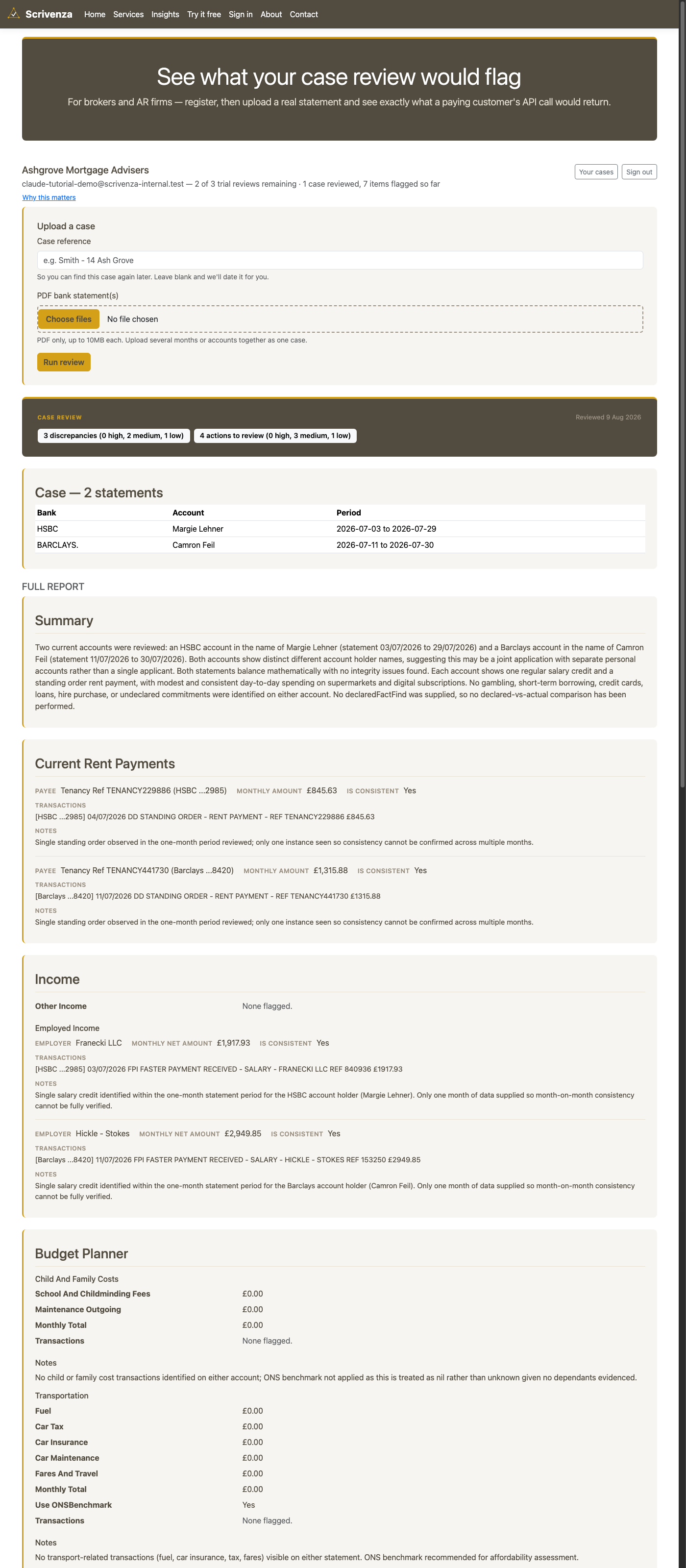 A completed case review report: severity badges, statement table, and full report sections including summary, rent payments, income, and budget planner.