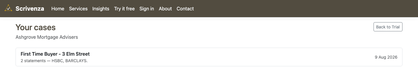 The Your cases list, showing one named case with its statements and date.