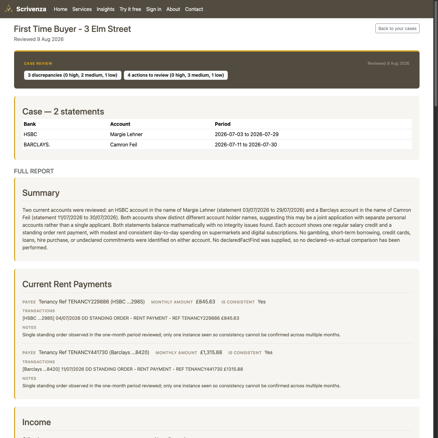 A reopened case detail page, showing the same full report as when it was first run.